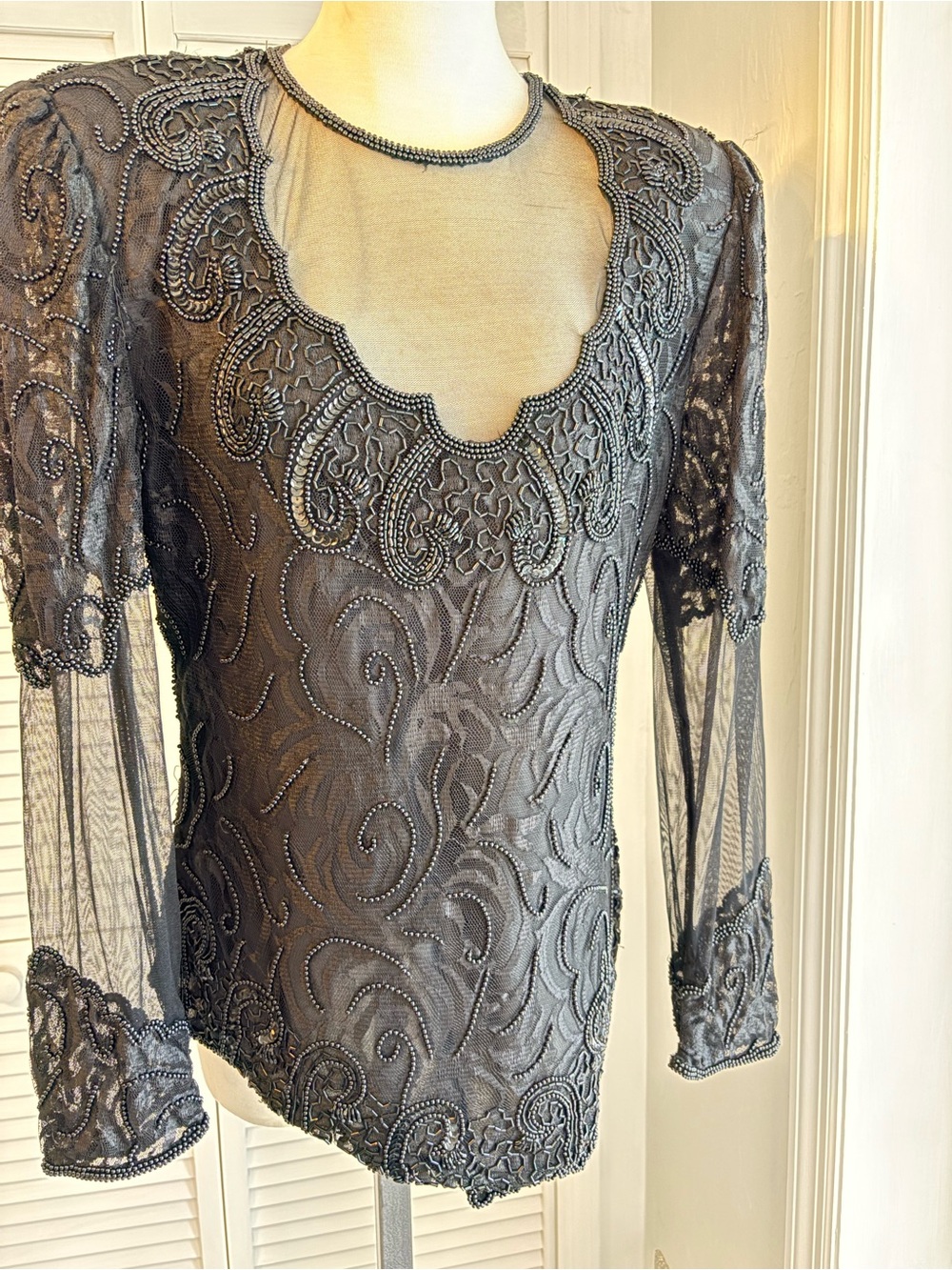 Women's Black Beaded Lace Sheer Top